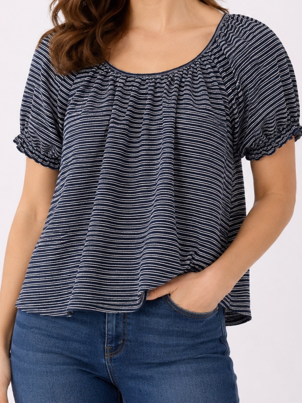 Madewell Texture & Thread Blue Striped Peasant Blouse XS